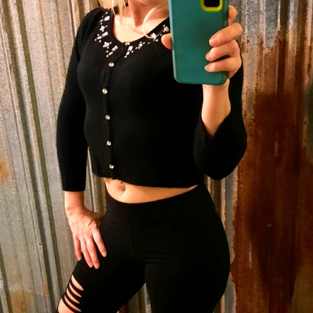 Black Gems & Rhinestones Button Up Fleece Crop Top Sweater